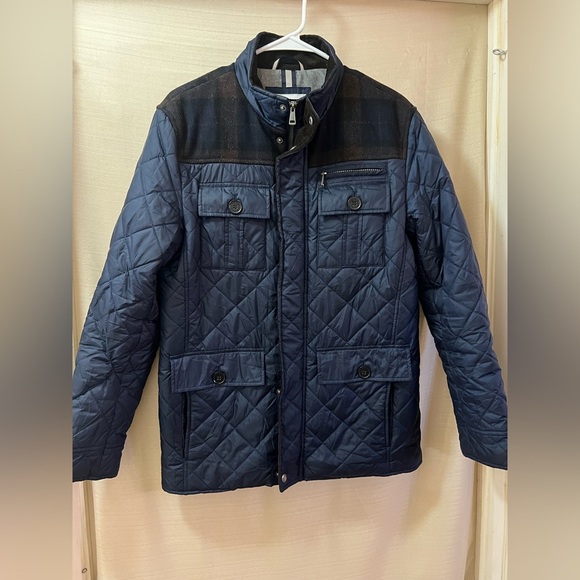 Cole Haan Men's Quilted Blue Jacket With Plaid Accents Size Large Elbow Patches - Picture 1 of 9